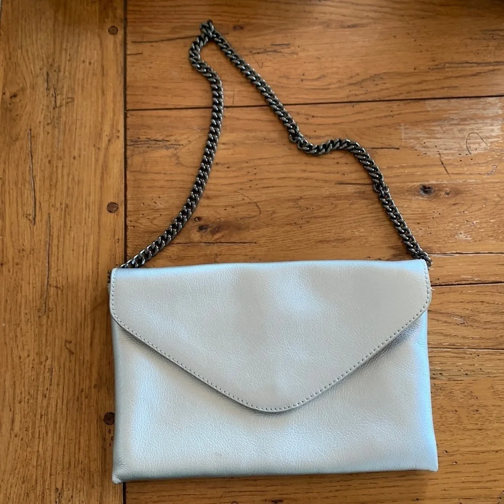 J. Crew Envelope Clutch Bag Convertible Shoulder Chain Silver Metallic Leather